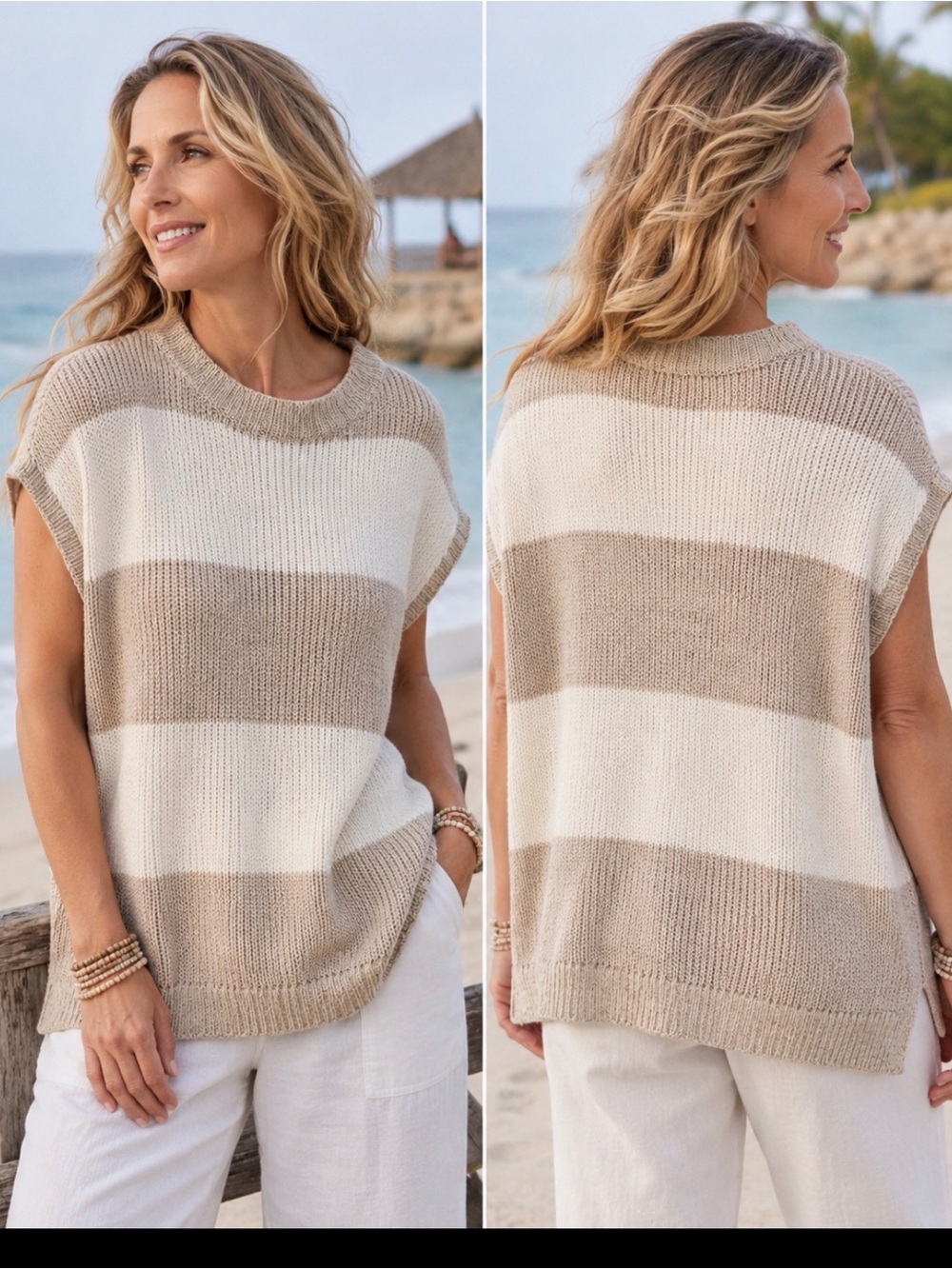Pure Jill 100% Cotton Striped Knit Poncho Sweater Medium Beige Cream Coastal